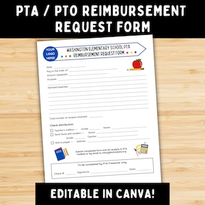 PTA / PTO Reimbursement Request Form - Editable Canva Template - Customizable Tool for Reimbursing Parent or Teacher Purchases -