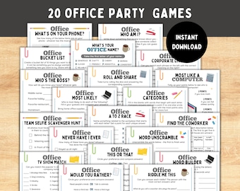 May include: A collection of 20 printable office party games. The games are designed to be played with coworkers and include activities like "What's on Your Phone?", "Who's the Boss?", "Most Like a Computer", and "Find the Coworker".