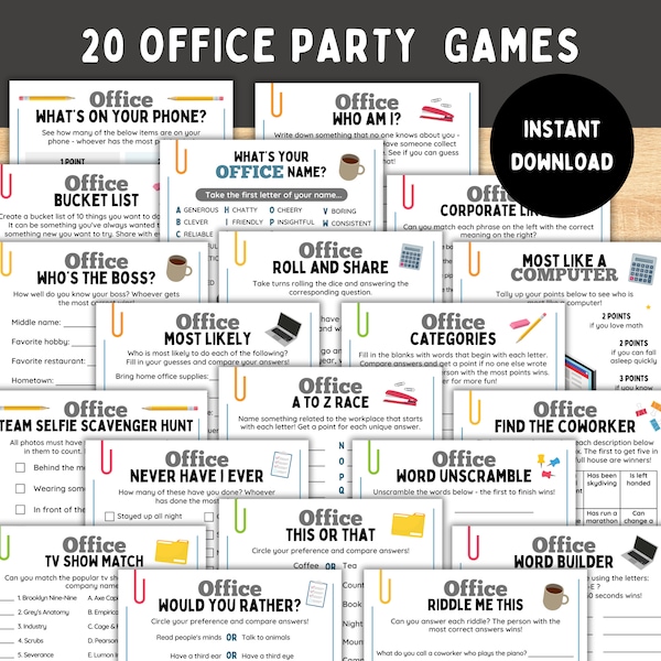 20 Office-Partyspiele-Bundle – Druckbare Spiele für Arbeitspartys – Teambuilding-Spiele – Mitarbeiterspiele – Teambesprechungsspiele – Büro-Eisbrecher