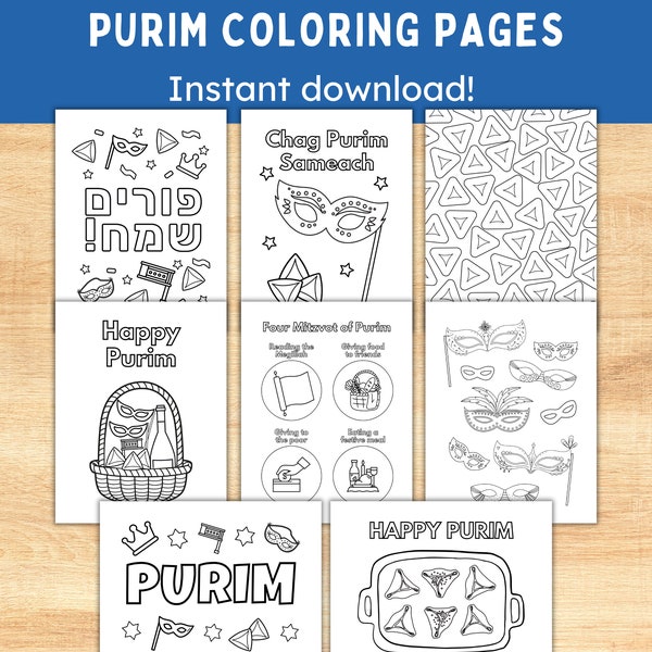 8 Purim Coloring Pages -- Printable Jewish Holiday Crafts -- Printable Jewish Holiday Activities -- Instant Download