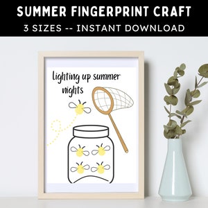 May include: A printable craft activity for kids featuring a jar with fireflies and a net. The text reads "Lighting up summer nights".