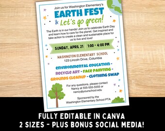 Pode incluir: Um panfleto colorido para um evento Earth Fest na Escola Primária Washington. O panfleto apresenta um globo terrestre verde, uma árvore e o texto "Earth Fest & Let's go green!" O evento acontecerá no domingo, 21 de abril, das 13h às 16h e incluirá educação ambiental, arte de reciclagem, pintura facial, limpeza do terreno e uma troca de roupas.