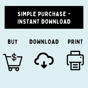 May include: Simple purchase - instant download. Black and white illustration of a shopping cart with a dollar sign, a cloud with a downward arrow, and a printer with a sheet of paper.
