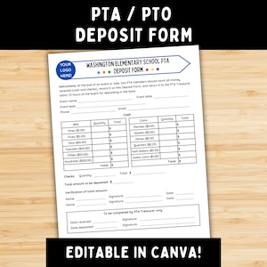 PTA / PTO Deposit Form - Customizable Canva Template for Cash Deposits - School Fundraisers and Events Treasurer Tool