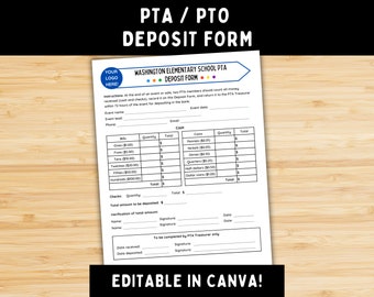 Puede incluir: Un formulario de depósito imprimible en blanco y negro para una PTA o PTO. El formulario incluye secciones para efectivo, cheques y el monto total a depositar. También incluye una sección para la verificación del monto total, la firma y la fecha. El formulario es editable en Canva.