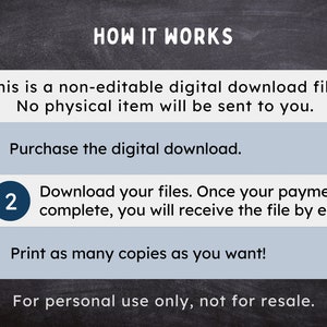 May include: A digital download instruction guide with a black chalkboard background and blue and light blue text. The text explains how to purchase, download, and print a digital download file. The text also states that the file is for personal use only and not for resale.