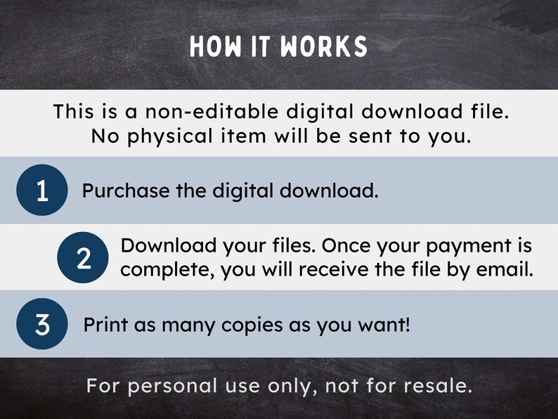 May include: A digital download instruction guide with a black chalkboard background and blue and light blue text. The text explains how to purchase, download, and print a digital download file. The text also states that the file is for personal use only and not for resale.