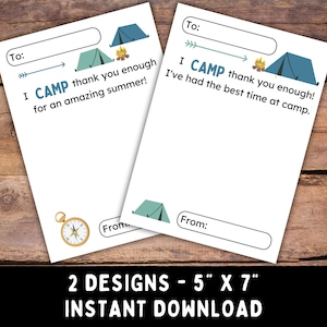 Camp Counselor Tent Bedankkaart -- Afdrukbare notitie- of cadeaukaarthouder voor zomerkamp - direct downloaden