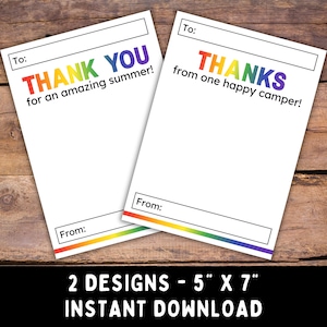 Camp Counselor Rainbow Thank You Card -- Printable Note or Gift Card Holder for Summer Camp - Instant Download