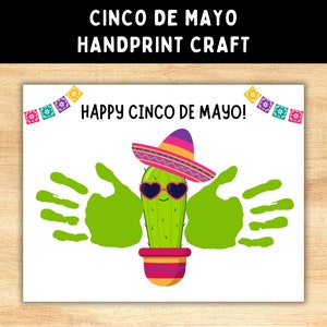 Cinco de Mayo Cactus handafdruk ambacht -- Afdrukbare doe-het-zelfkunstactiviteit voor kinderen, peuters en baby's -- Direct downloaden