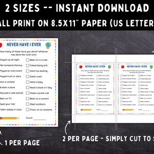 May include: Printable "Never Have I Ever" game cards with a red apple and blue globe design. The cards are designed for a party game and feature a list of 16 prompts. The cards can be printed on 8.5x11 inch paper and can be printed one or two per page.