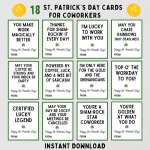 Op de afbeelding: Een verzameling van 18 St. Patrick's Day-kaarten voor collega's, elk met een groene rand en een unieke boodschap. Zinnen als 'Je maakt het werk magisch beter' en 'Ik ben blij met je samen te werken' zijn inbegrepen. De kaarten zijn direct te downloaden.