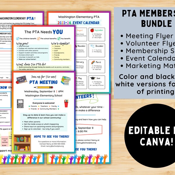 PTA / PTO Membership Bundle - Editable Canva Template - Meeting Flyers, Marketing Materials, Membership Form, Event Calendar