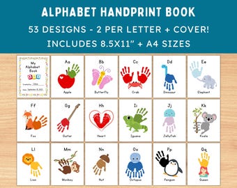 May include: A printable alphabet book with 53 designs, two per letter, and a cover. The book includes 8.5x11 inch and A4 sizes. The cover features a colorful alphabet block design. The pages feature handprint designs with various animals, objects, and letters.