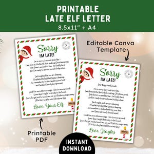 Op de afbeelding: Printbare Late Elf Letter sjablonen, 21,59 cm x 27,94 cm + A4. Het ontwerp heeft een rood-groene rand met de tekst "Sorry I'm Late!" en een elf-illustratie. Bevat een "Printable PDF" en "Instant Download" optie.