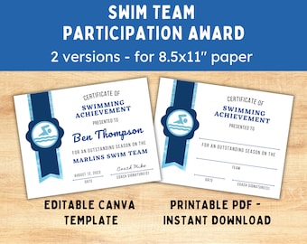 Swim Team Participation Certificates -- Printable Awards to Celebrate Swimmers -- Instant Download