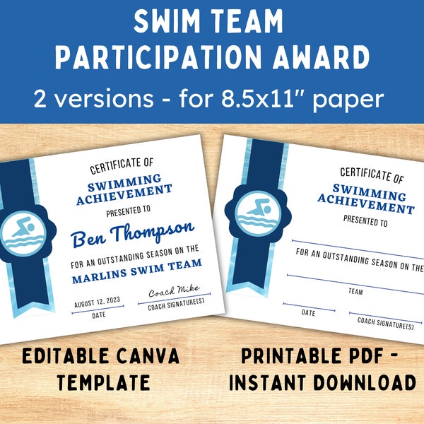 Swim Team Certificates -- Swimming Participation Award -- Swimmer Party Printable -- Swim Team Participation Certificate -- Instant Download