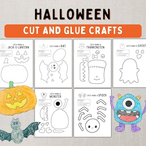 Può includere: Fogli di attività di artigianato di Halloween da ritagliare e incollare per bambini. I fogli presentano un pipistrello, un fantasma, Frankenstein, un ragno, un mostro e una zucca di Halloween.