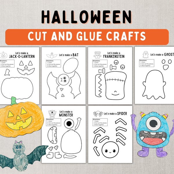 Halloween Cut and Glue Crafts -- Printable Halloween Craft Activities -- Paper Glue Activity -- Halloween DIY Craft