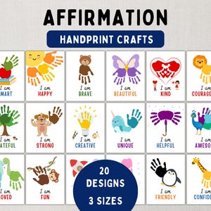 May include: Twenty printable handprint craft designs for children. Each design features a different animal, object, or symbol with a positive affirmation, such as "I am smart", "I am happy", "I am brave", and more. The designs are available in three sizes.