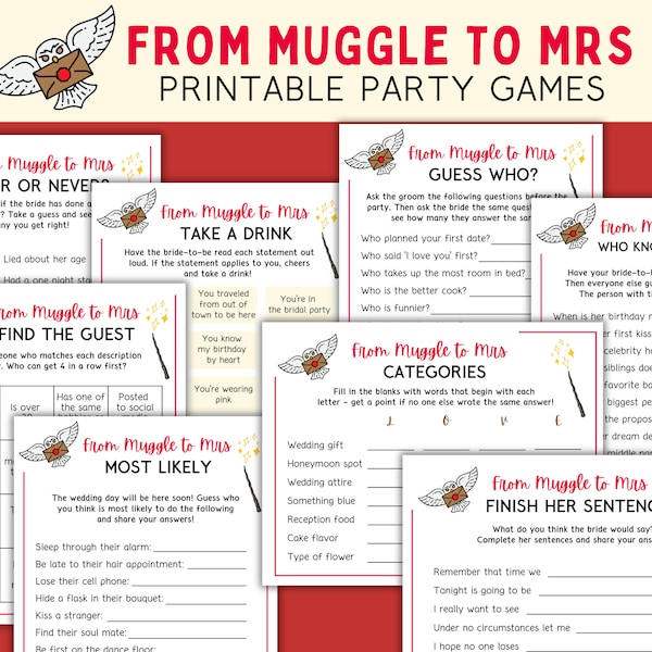 From Muggle to Mrs Party Games - Wizard Bachelorette Games - Magical Bridal Shower Activities --  Instant Download