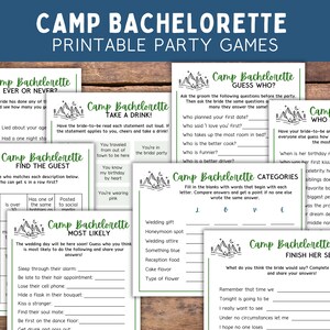 Może przedstawiać: Zestaw drukowanych gier imprezowych na wieczór panieński z motywem obozu. Gry obejmują "Zawsze lub nigdy", "Wypij łyk", "Znajdź gościa", "Najprawdopodobniej", "Zgadnij kto", "Kto ją najlepiej zna", "Kategorie" i "Dopowiedz zdanie".