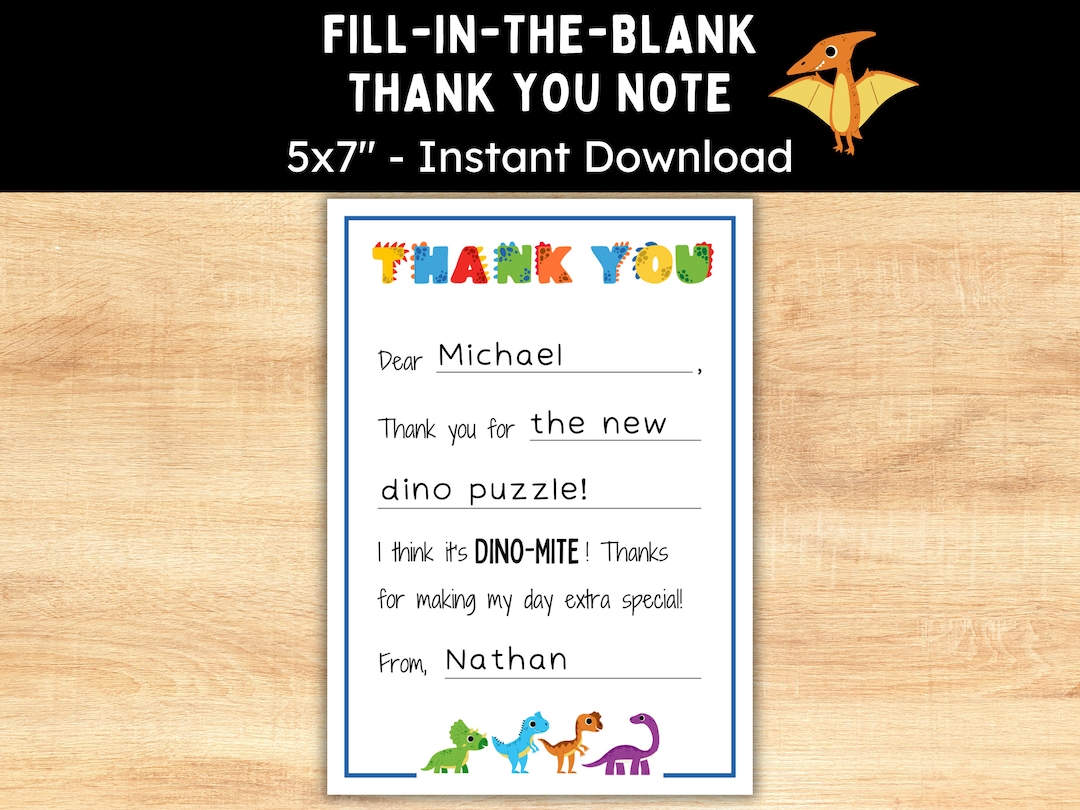 Dinosaur Thank You Cards for Kids Fillintheblank Thank You Note