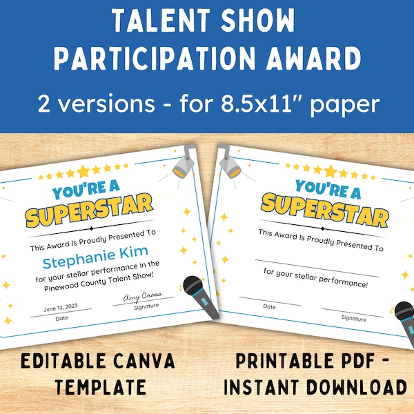 Talent Show Award Certificates - Etsy