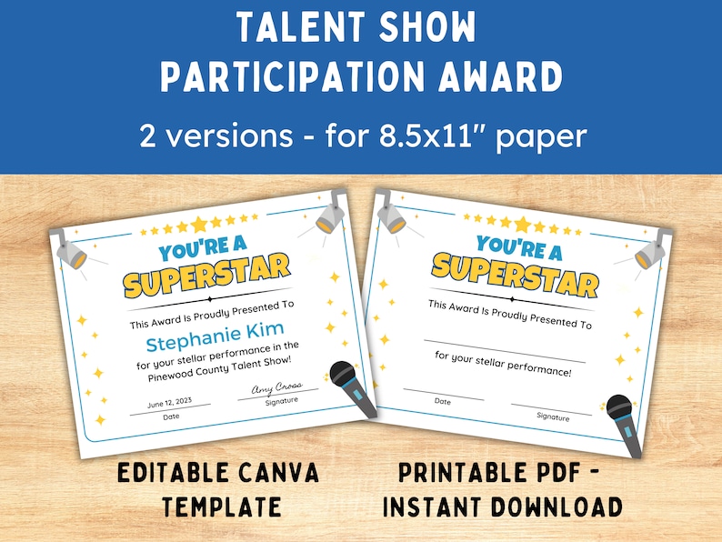Talent Show Certificates Editable Talent Show Award Talent Show ...