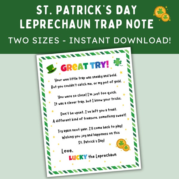 Leprechaun Trap Note -- Letter from Leprechaun -- St. Patrick's Day Printable -- St Patty's Leprechaun Fun -- Instant Download