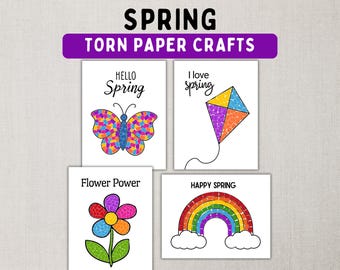 Può includere: Quattro carte stampabili con disegni di artigianato in carta strappata a tema primaverile. Le carte presentano una farfalla, un aquilone, un fiore e un arcobaleno. Il testo sulle carte recita "Hello Spring", "I love spring", "Flower Power" e "Happy Spring".