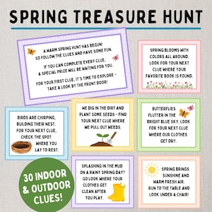 May include: A set of 30 colorful cards with spring-themed clues for an indoor or outdoor treasure hunt. Each card features a different spring-themed image and a rhyming clue.