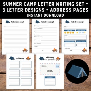 Carta imprimible azul del campamento - Notas para campamentos nocturnos para niños - Cartas para completar en el campamento de verano - Descarga digital imprimible