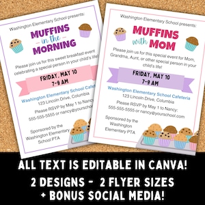 Muffins con mamá / Muffins en la mañana - Plantilla Canva editable para la celebración del Día de la Madre - PTO/PTA, guarderías, escuelas, fiestas.