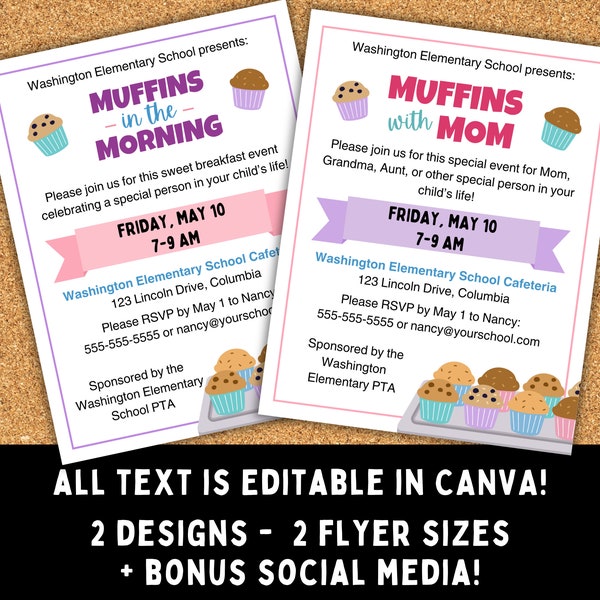 Muffins with Mom - Muffins in the Morning - Editable Canva Template - Great for PTO/PTAs, daycares, schools, parties, and more!