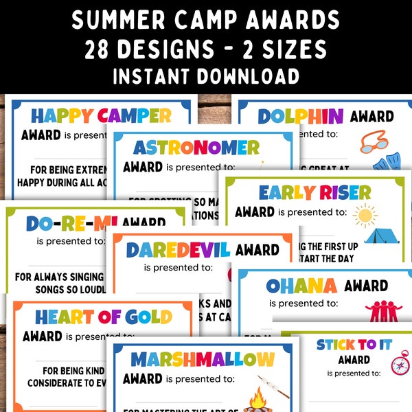 Zomerkampprijzen - Camper Award-certificaten - Jongens- en meisjeskampprijzen - Afdrukbare kampcertificaten - Digitale download