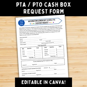 Pode incluir: Um formulário imprimível preto e branco intitulado "Formulário de Solicitação de Caixa PTA / PTO" com um espaço reservado para o logotipo e instruções para solicitar dinheiro para eventos escolares. O formulário inclui seções para os detalhes do evento, o dinheiro solicitado e a verificação do dinheiro recebido.