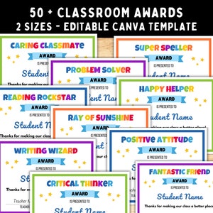 Editable Classroom Awards -- End of Year Awards -- Student Awards -- Printable Student Certificates -- Editable Canva Template