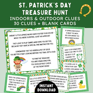 Puede incluir: Un conjunto de 30 tarjetas de pistas de búsqueda del tesoro de San Patricio imprimibles. Las tarjetas presentan colores verde, dorado y arcoíris con ilustraciones de duendes, tréboles y una olla de oro. Las tarjetas tienen pistas que riman para una búsqueda del tesoro.