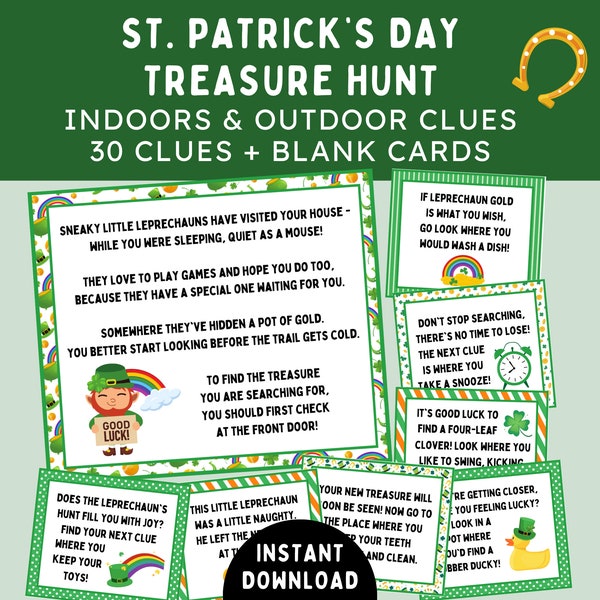 St. Patrick's Day Treasure Hunt -- Printable St Patrick's Day Scavenger Hunt -- Leprechaun Fun -- Hunt for Gold -- St Patrick's Day Activity