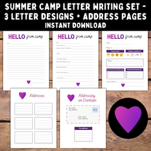 Paquete de cartas para escribir en el campamento (corazón morado): material de oficina para completar en espacios en blanco para campamentos nocturnos y mantenerse en contacto fácilmente: descarga instantánea