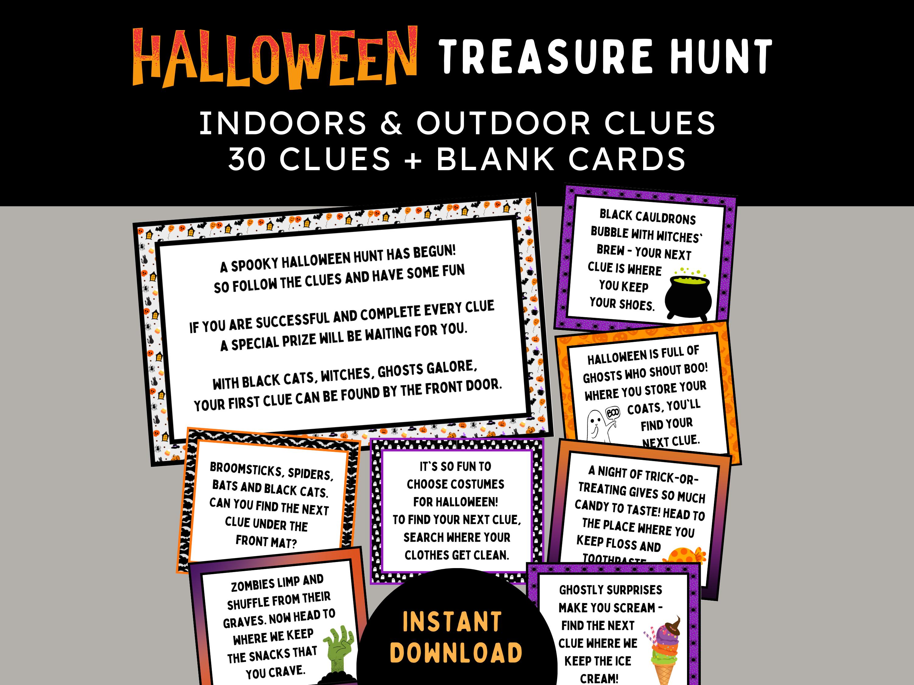 Halloween Treasure Hunt -- Printable Clues for Scavenger Activity for Kids, Tweens -- Instant Download