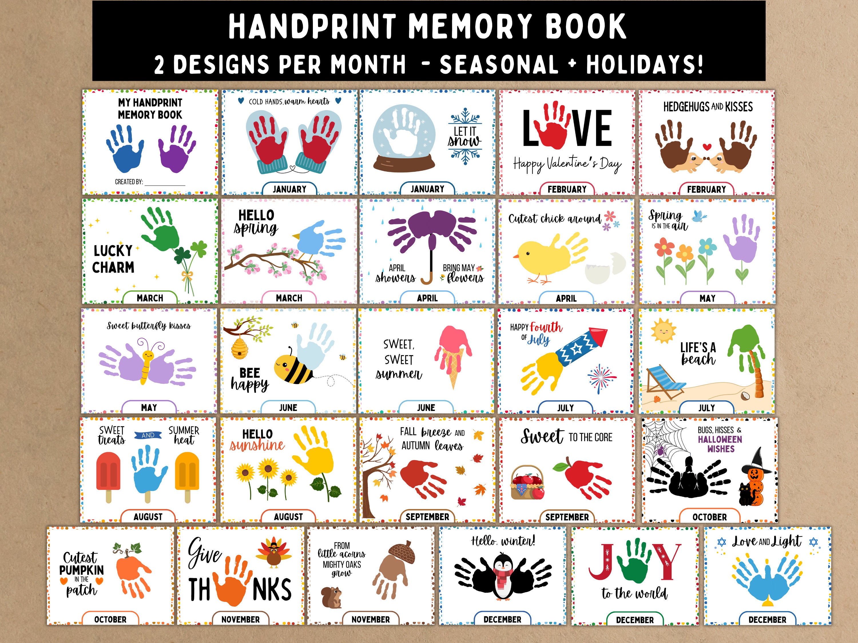Handprint Memory Book - Printable Craft Keepsake for Kids, Toddlers and Babies -  Monthly Handprint Art to Last All Year - Instant Download