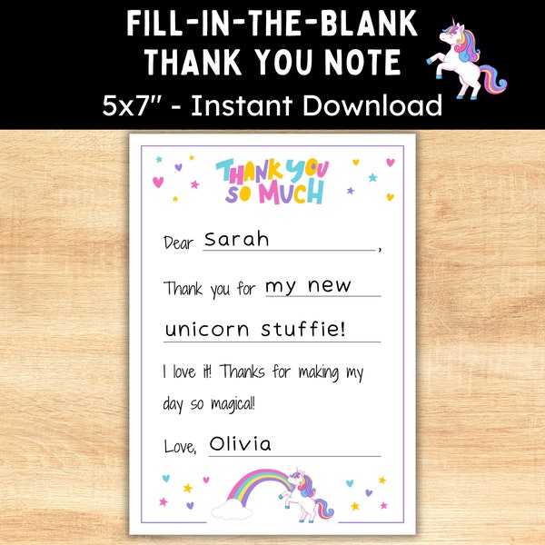 Unicorn Thank You Cards for Kids - Fill-in-the-Blank Thank You Note - Printable Unicorn Thank You - Instant Download