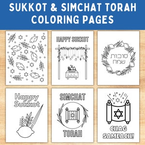 6 Sukkot and Simchat Torah Coloring Pages -- Printable Jewish Holiday Crafts -- Printable Jewish Holiday Activities -- Instant Download
