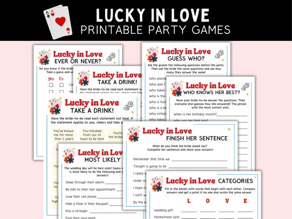 Lucky in Love Party Games - Vegas Bachelorette Games - Casino Bridal Shower Activities --  Instant Download