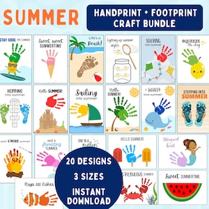 Pacchetto di lavoretti con impronte di mani e piedi estivi - Attività artistiche estive fai da te stampabili per bambini, neonati e bambini piccoli - Download immediato