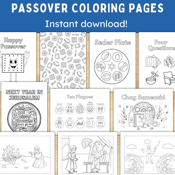 10 Passover Coloring Pages -- Printable Seder Activities -- Printable Jewish Holiday Crafts -- Instant Download