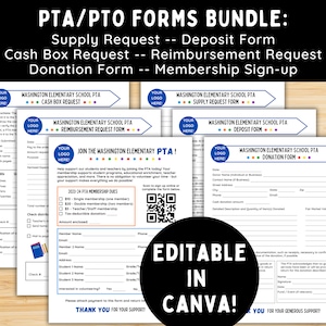 Bundel met essentiële formulieren voor PTA/PTO - bewerkbare canva-sjabloon - lidmaatschap, bevoorradingsverzoeken, donaties, terugbetalingen, aanbetalingen, kassa