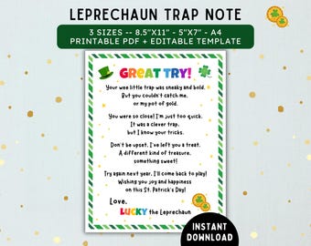 Leprechaun Trap Note - Create St. Patrick's Day Magic with Printable Letter - Instant Digital Download